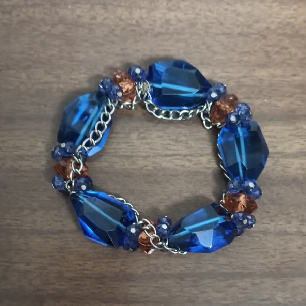 Gorgeous Blue Glass Beads and Orange Beaded Bracelet With Metal Chain